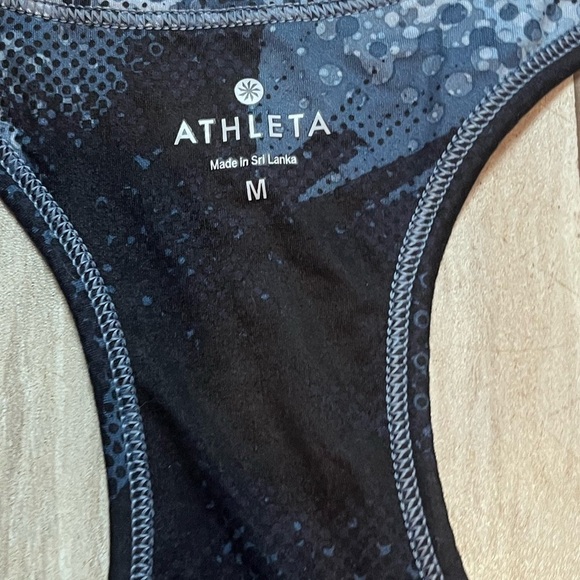 Women's Athleta Active Top Size Medium Black Blue Geometric Print Racerback - Picture 2 of 5